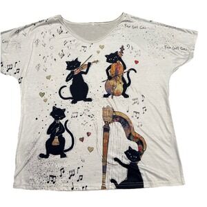 Unbranded Whimsical Cats Music Graphic Tee Women's V-Neck Dolman  Art Print L/XL